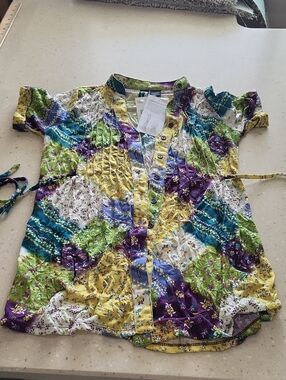 Colorful Patchwork Button-Front Blouse - Multicolor Floral